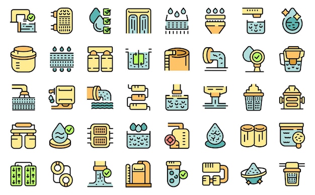 Filter for water purification icons set outline vector Treatment tank Sewage pipe thin line color flat on white isolated