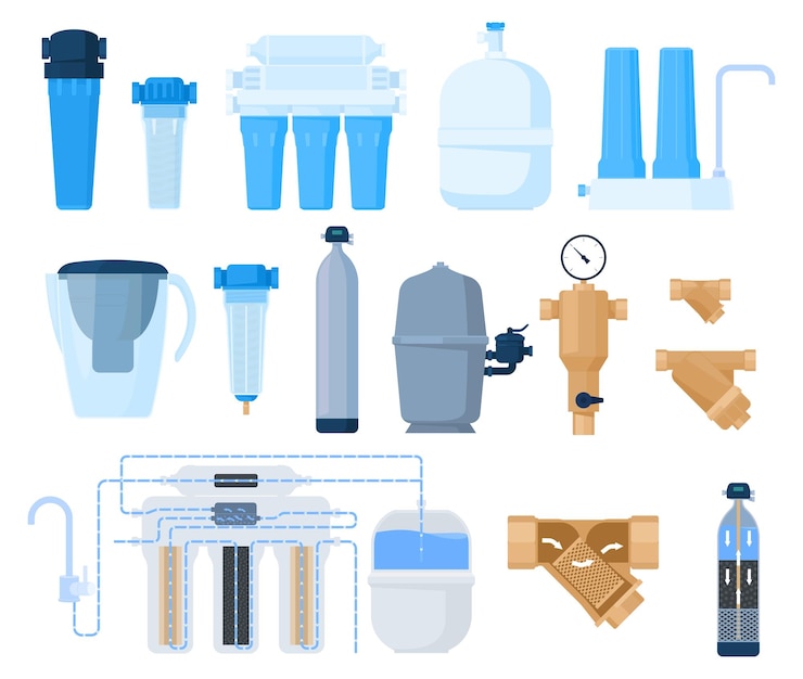 Vector filters for water purification supply of drinking water cleaning it from pollution vector illustration