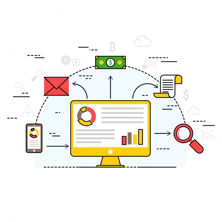 Vector fin-tech (financial technology) mechanism background. colorful flat style illustration.