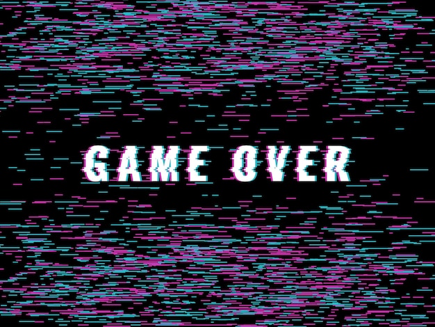 Vettore schermata glitch del gioco finale videogioco su iscrizione rotti titoli finali errori artefatti design 8 bit stile testo distorto vecchio arcade o display vhs creativo stampa o poster concetto vettoriale