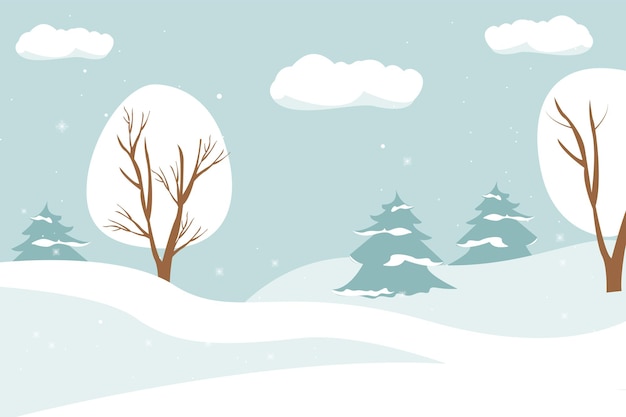 Vector final illustration cartoon winter landscape of snowy mountains with trees and hills