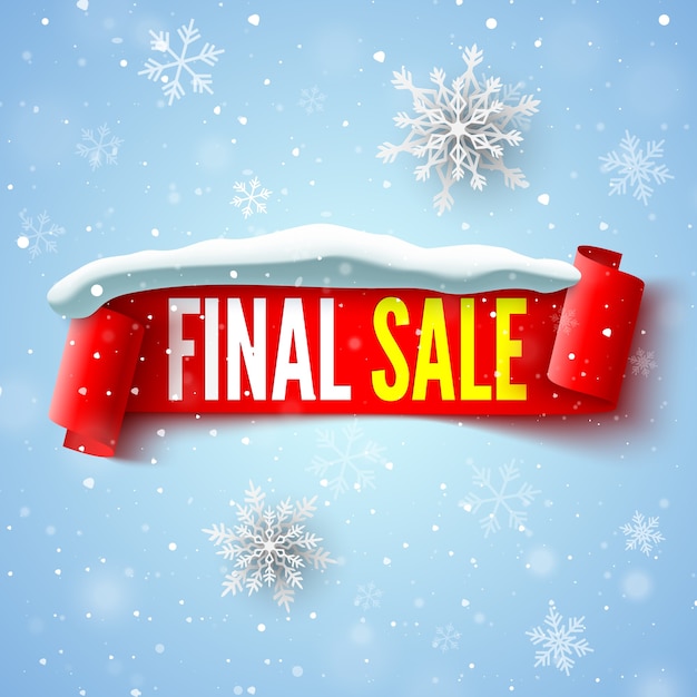 Заключительный баннер продажи с красной лентой, снежной шапкой и снежинками.