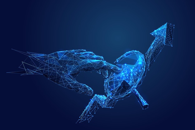Concetto di analisi finanziaria mano lowpoly e lente d'ingrandimento e freccia
