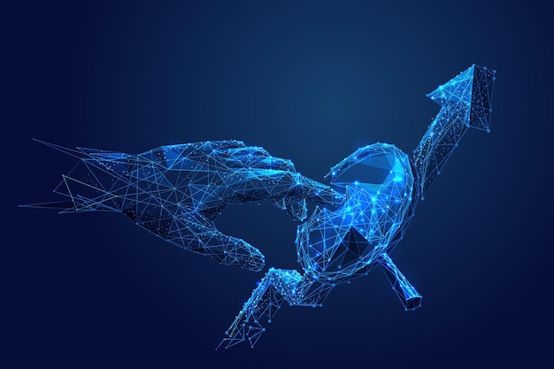Finance analysis concept Lowpoly hand and magnifying glass and arrrow