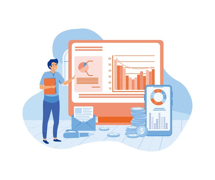 Vector finance analyst assistant consultant financial landing page website flat vector modern illustration