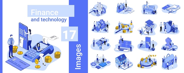 금융 및 기술 비즈니스 스타일의 일러스트레이션 세트 이미지 모음