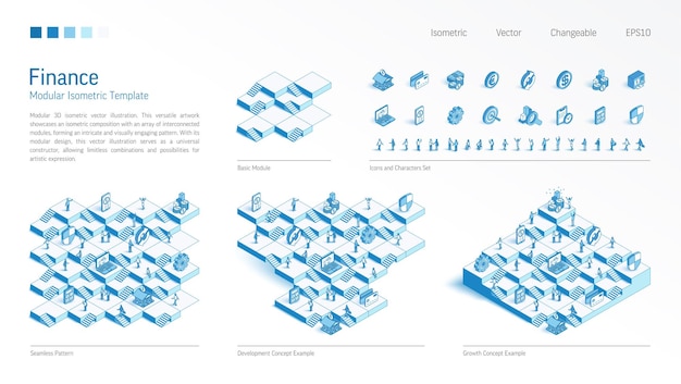 finance bank account modular isometric constructor seamless pattern base line icon character set develop growth up stairs teamwork concept money tax stock market platform business infograph