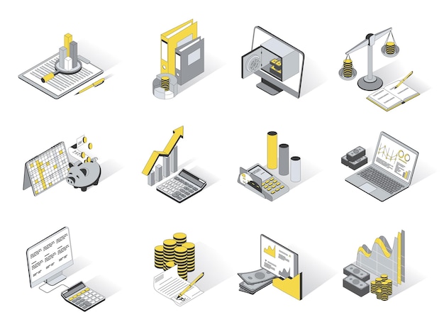 Vector finance and banking 3d isometric icons set pack element of financial data analysis accounting budget