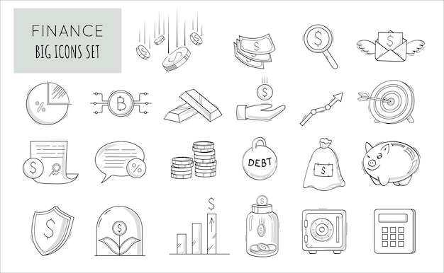 Finance and business doodle line icons collection Money cryptocurrency dollar piggy bank