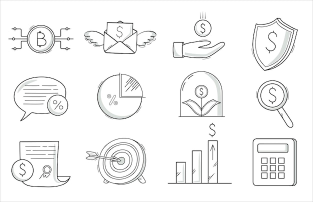 Finance and business icons set Doodle outline style