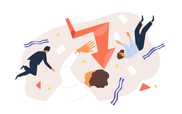 Finance collapse. Team of business people flying surrounded by geometric figure, document and graph vector flat illustration. Colorful man and woman during economic crisis or bankruptcy isolated.