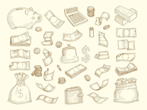 Finance doodle. money and business elements corporate objects coins dollars charts moneybox illustrations. finance banking currency, earning cash money