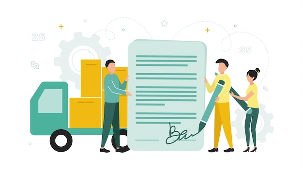 Finance forfaiting a man holds a document near a car with a load a man and a woman with pens sign it vector illustration