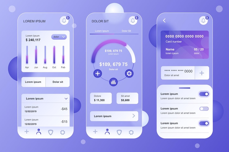 Vector finance glassmorphic design neumorphic elements kit for mobile app ui ux gui screens set