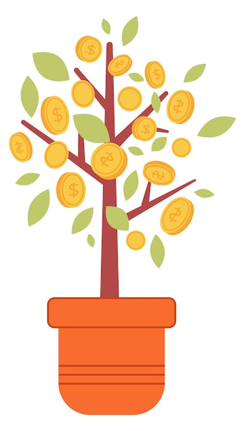 Vettore iconica di crescita finanziaria a colori monete sull'albero