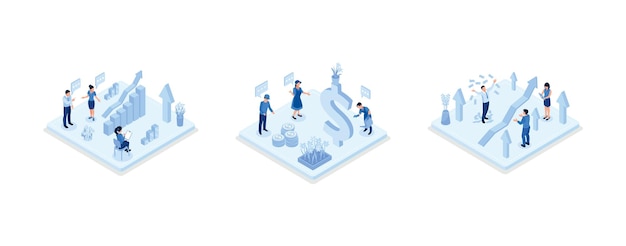 Finance growth illustration set. Characters analyzing investments, celebrating financial success