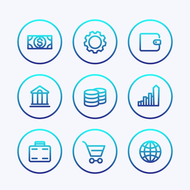 Vector finance icons, fee, reward, income, savings, banking, thick line set