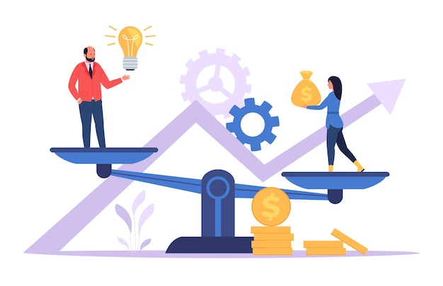 Finance idea investment concept People invest in startup Man and woman balancing on scales with sack of coins and light bulb or creative solution Profit and economy concept vector illustration