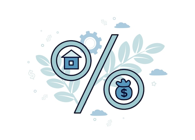 Finance illustration mortgage percentage in the circles of which the house and money bag on the background of a gear cloud dollar branches with leaves