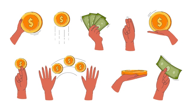 Finance illustration set. Sign hand holding coins. Money transfer, receive, hold concept. Vector