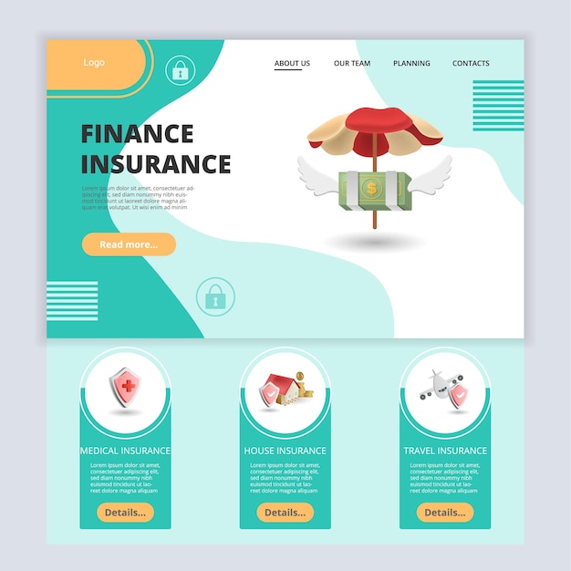 Шаблон веб-сайта плоской целевой страницы финансового страхования медицинский
