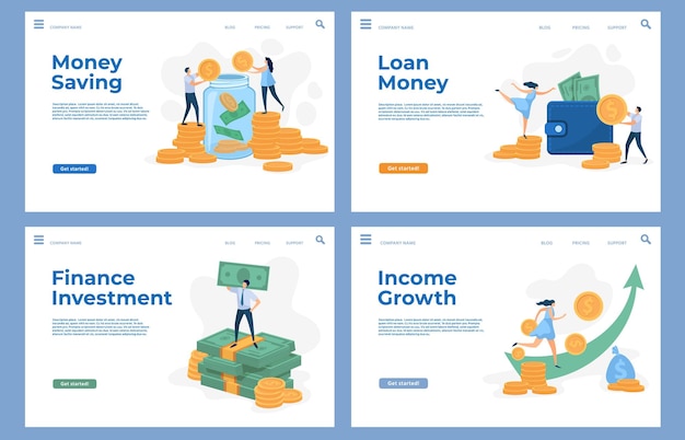 Finance landing pages with flat characters and money cash. Savings, business investment, loan and income growth vector website templates set. Wealthy people holding banknotes and coins