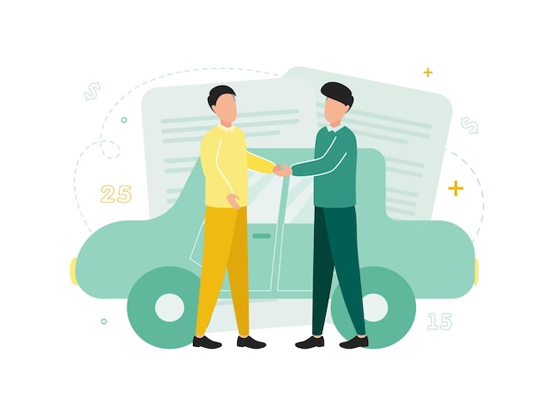 Finance Leasing Men shake hands near the car and documents against the background of figures numbers dollar sign Second illustration