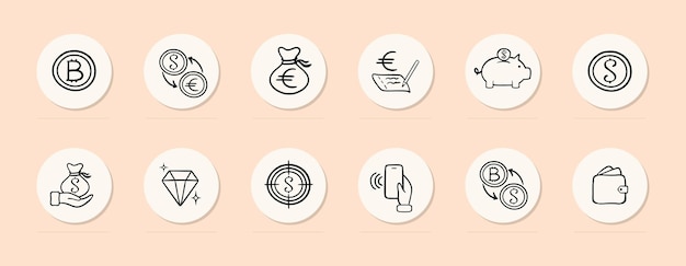 Finance line icon bitcoin ecurrency exchange piggy bank diamond euro pastel color background vector line icon for business