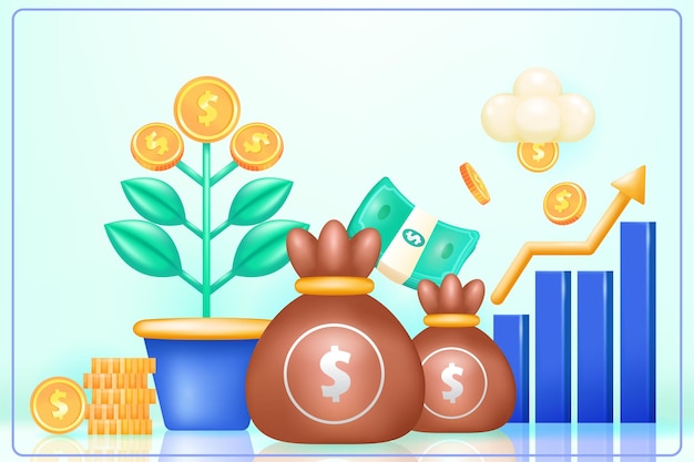 Finance money bag 3d vector illustration business improvement chart and money tree