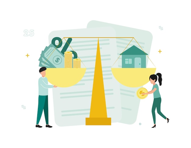 Вектор Финансы ипотека мужчина и женщина стоят у весов, в чашах которых есть процентные документы на деньги дома на заднем плане векторная иллюстрация