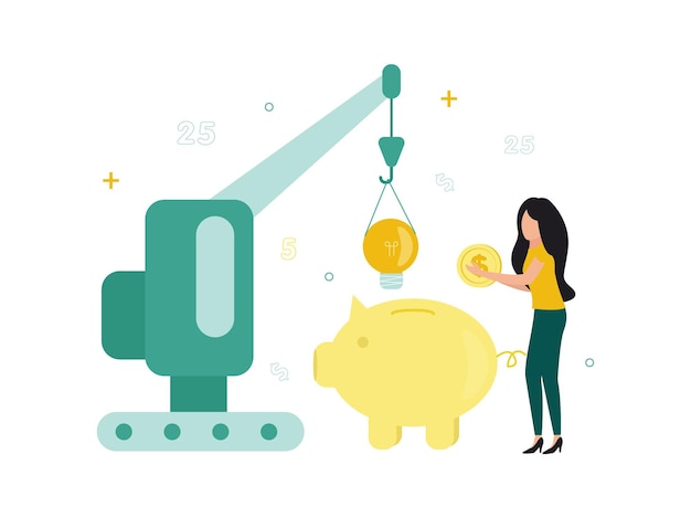 Finance Resource financing A crawler crane installs a light bulb on a piggy bank next to a woman with a dollar coin Vector illustration