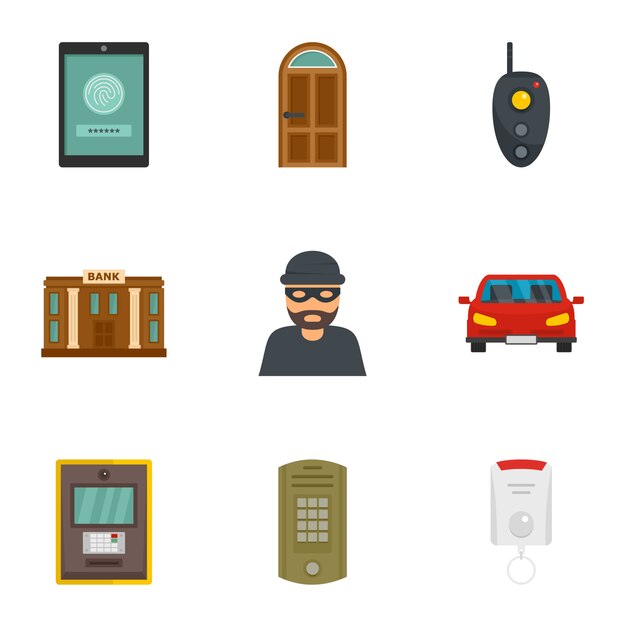 Finance security icon set, flat style