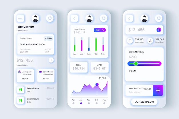 金融サービスの概念ニューモーフィックテンプレートは、クレジットカードサービスのui uxgui画面を設定します