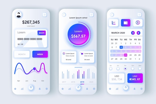 Vector finance services concept neumorphic templates set online banking ui ux gui screens