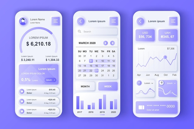 金融サービスの概念ニューモーフィックテンプレートは、オンラインバンキングのUI UXGUI画面を設定します