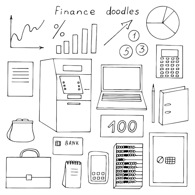 Set di finanza illustrazione vettoriale scarabocchi di disegno a mano