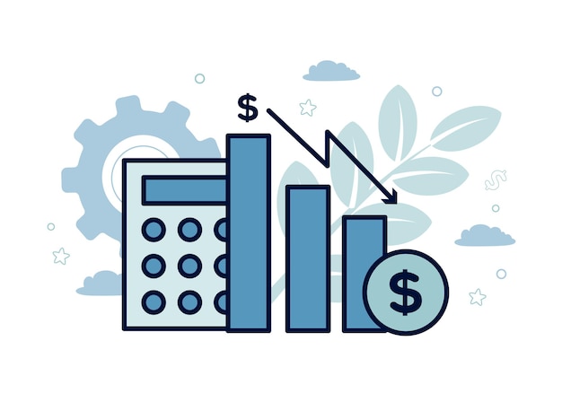Vector finance vector illustration of econometrics icons of calculator bar chart dollar icon down arrow on the background of gears plants leaves clouds stars