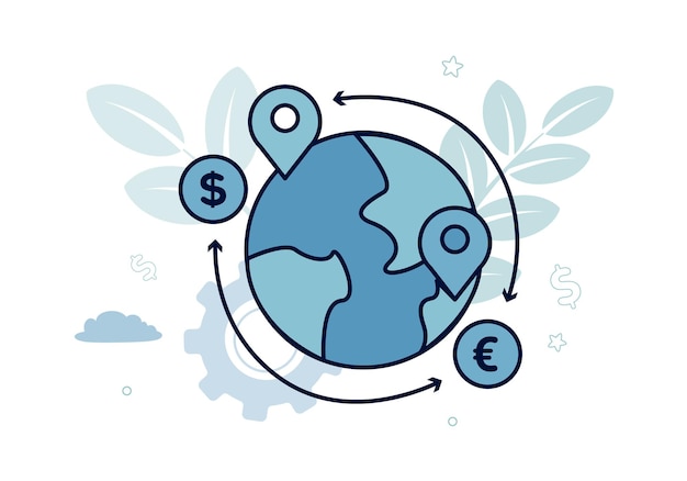 Finance Vector illustration of money transfers On the planet there are location icons near them are dollar and euro coins around the planet there are arrows in two directions to the coins