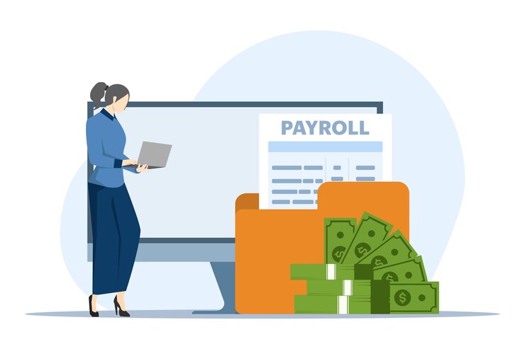 Vector financial administration arrangements with people calculating and filling out pay slips and payroll
