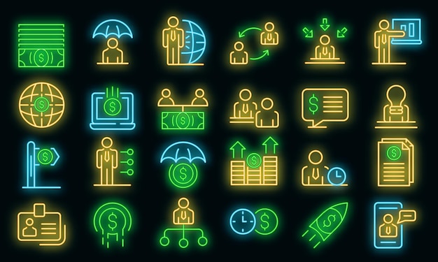 Financial advisor icons set. Outline set of financial advisor vector icons neon color on black