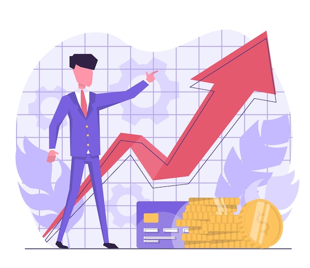 Financial analysis. Businessman points to the growth arrow on the chart