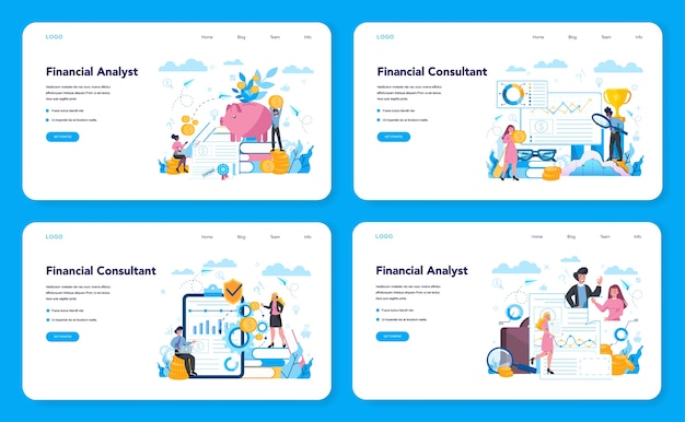 Financial analyst or consultant web banner or landing page set. business character making financial operation. market analysis, financial assessment, monetry assets. isolated flat vector illustration