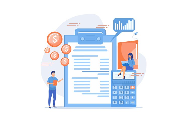 Vector financial analysts doing income statement with calculator and laptop. income statement,