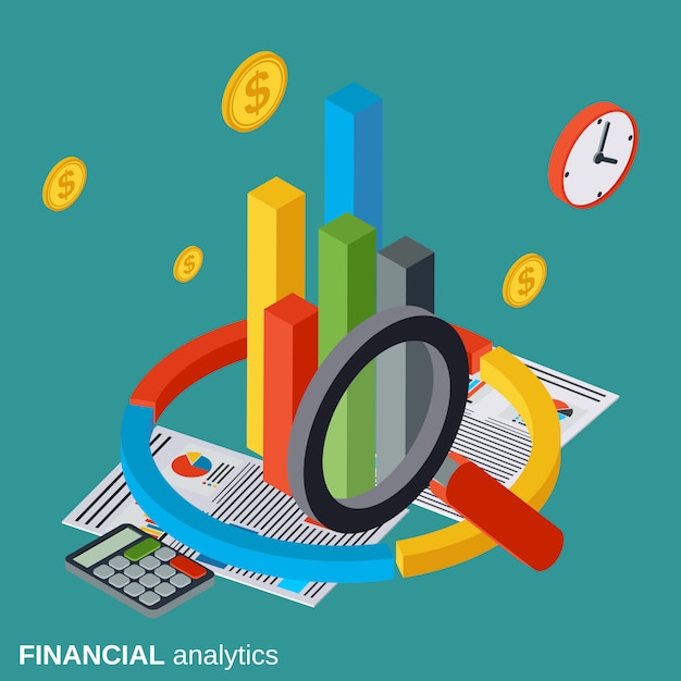 Illustrazione isometrica piana di concetto di vettore di analisi dei dati finanziari