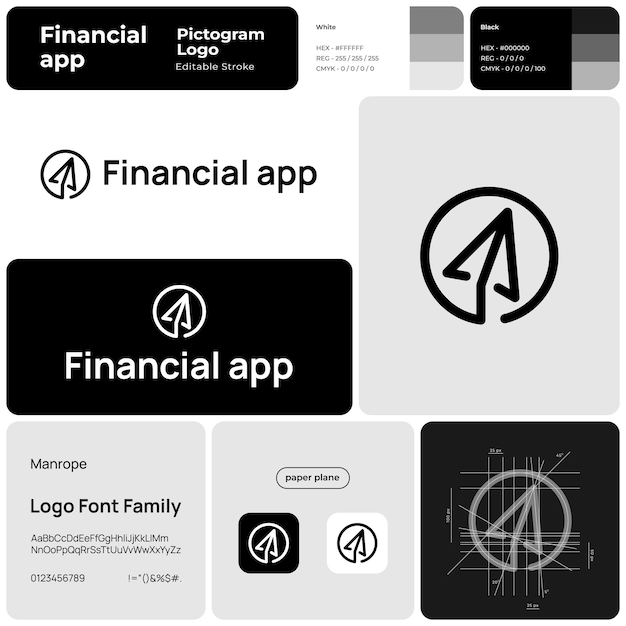 Financial app branding monochrome template paper plane logo