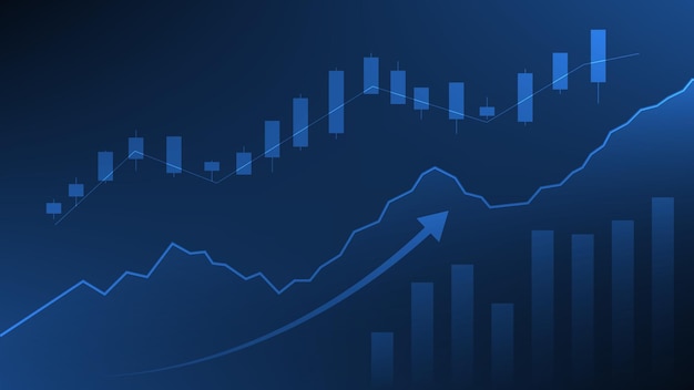 Statistica aziendale del contesto finanziario con grafico a barre e andamento del mercato azionario del grafico a candela