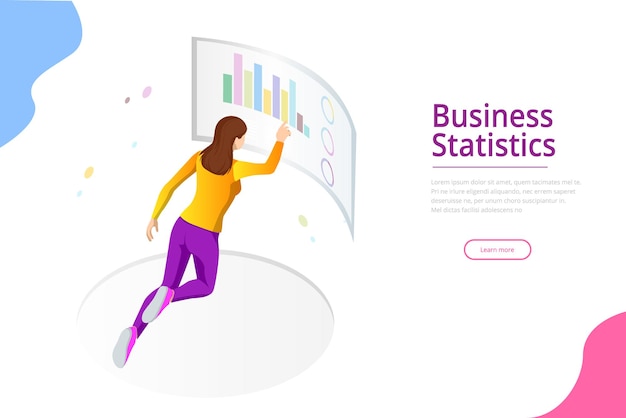 Amministrazione aziendale finanziaria, grafici aziendali e visualizzazione finanziaria davanti allo schermo per l'analisi dei dati. illustrazione vettoriale isometrica per il modello di pagina di destinazione