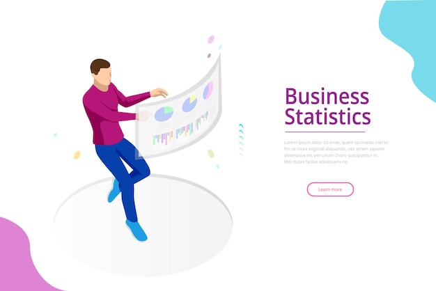 Amministrazione aziendale finanziaria, grafici aziendali e visualizzazione finanziaria davanti allo schermo per l'analisi dei dati. illustrazione vettoriale isometrica per il modello di pagina di destinazione