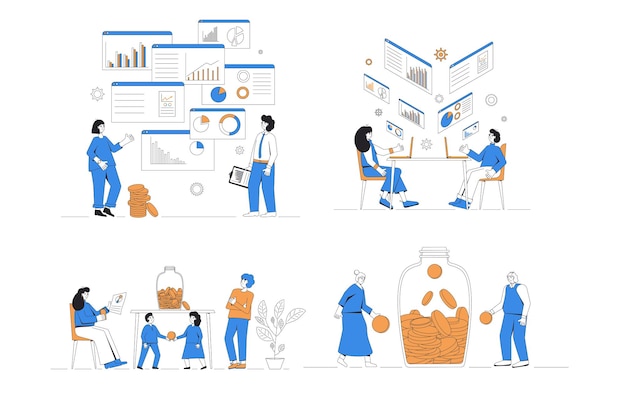 Financial and business analytics set Different characters with money and graphs isolated