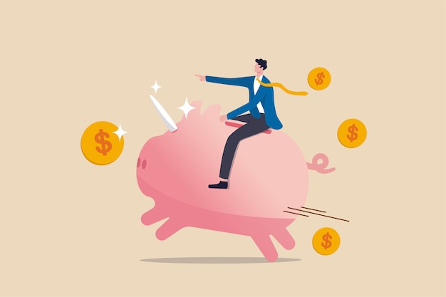 Financial, business opportunity to success in red ocean competitors or winner mutual fund or stock invest concept, businessman investor riding pink piggy bank with unicorn horn and dollar money coins.